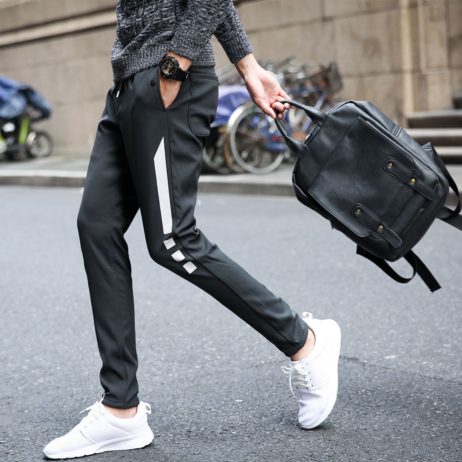 街拍秋新款男士束脚裤运动小脚裤字母印花裤子潮k838-p40