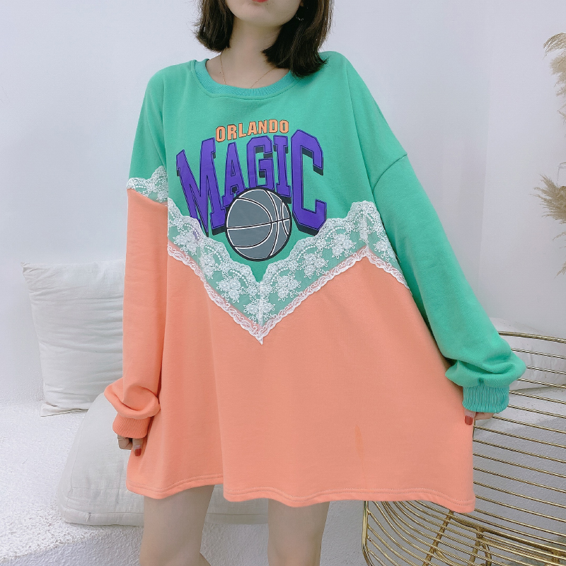 Greenthe republic of korea Dongdaemun Medium and long term Sweater female autumn Lace stitching Color contrast easy Big size Long sleeve jacket tide ins