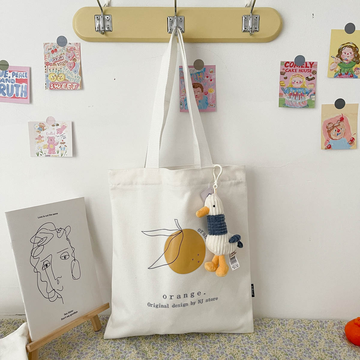 [Hand Painted Orange] Shoulder Bag + Duck PendantKorean version new pattern solar system commute Design Canvas bag The single shoulder bag high-capacity like a breath of fresh air Versatile Cloth bag female summer