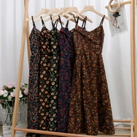 Ретро демисезонное платье, корсет, длинная юбка, в корейском стиле, цветочный принт, 2020, по фигуре, средней длины