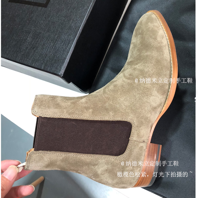 Olive, 3Cm HeelEurope and America summer CHELSEA BOOT Chelsea boots male Sharp point genuine leather Britain Deer skin Gao Bang Martin boots male tide