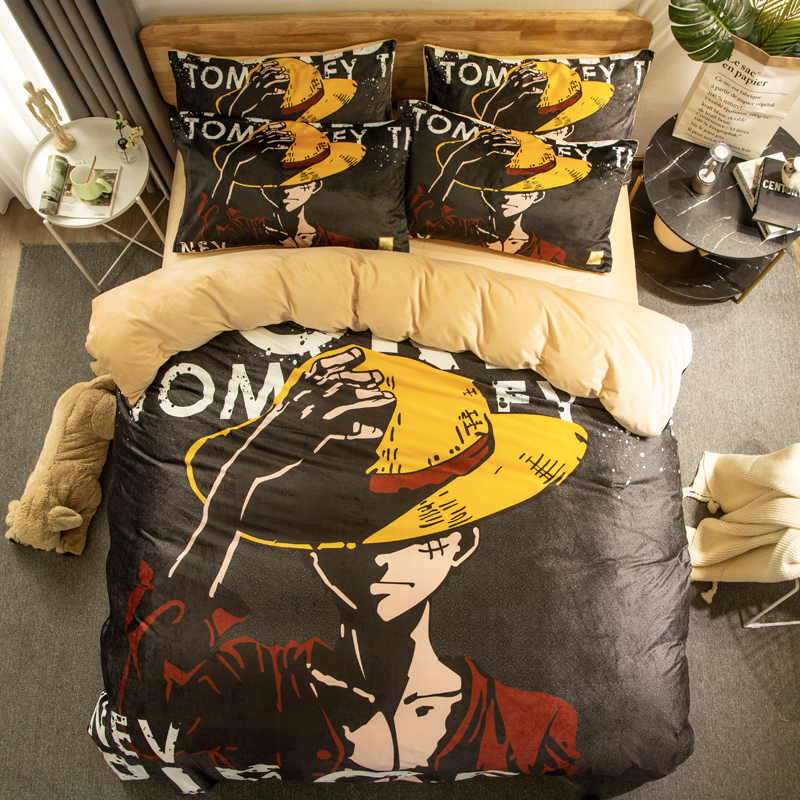 Grass Hat LuffyCartoon comic Naruto sheet Four piece suit Yu Zhibo Weasel Quilt cover sheet dormitory Three piece set thickening keep warm