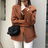 18 mùa thu đông mới Hàn Quốc CHIC gió retro màu trắng cam thắt lưng hoang dã áo len dài tay nữ áo khoác dạ nữ dáng dài cổ lông