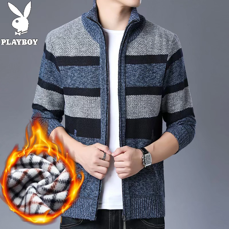 Playboy Store Áo len dệt kim nam đan len nam cộng với nhung trẻ trung giản dị Áo khoác ấm cao cấp - Cardigan