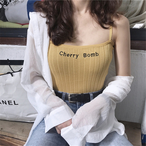 Ulzzang vest mùa hè 2018 new Hồng Kông hương vị retro chic chữ thêu sinh viên sling áo sơ mi nữ