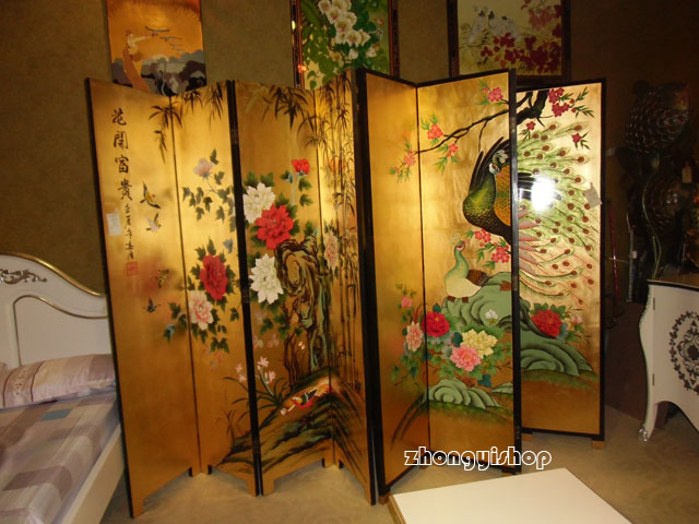 中国風家具四つ折りスクリーン花咲く富パターンスクリーンリビングルーム家具手描きスクリーン PF032