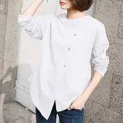 Áo thêu mùa thu trong phần dài của áo sơ mi cotton đáy tre áo sơ mi nữ Hàn Quốc cotton dài tay áo thun rộng giản dị - Áo phông