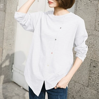 Áo thêu mùa thu trong phần dài của áo sơ mi cotton đáy tre áo sơ mi nữ Hàn Quốc cotton dài tay áo thun rộng giản dị - Áo phông áo phông rộng