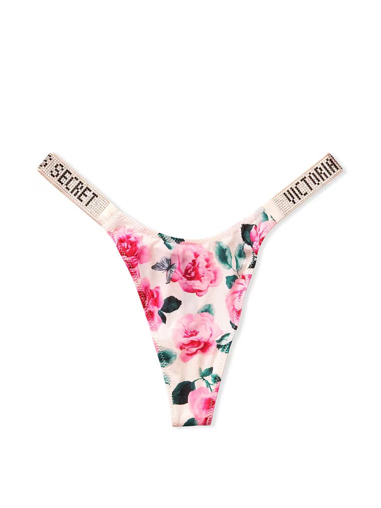 53Kg - Pink Rose PrintAll love drill pants rhinestone sexy T-back Victoria's Secret Broken drill Letter drill T-back Yang Mi Same