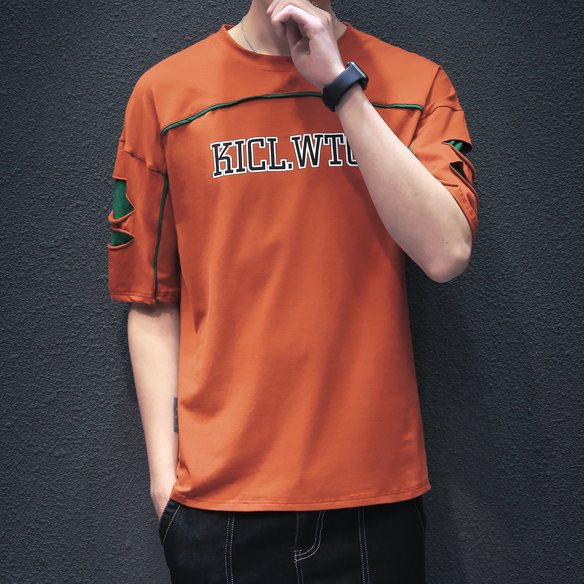 夏日系破洞印花短袖t恤大码港风圆领宽松体恤青年潮男模特t12-p40