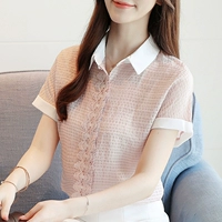 2018 mùa hè mới của Hàn Quốc tính khí là mỏng ren màu rắn ngắn tay áo voan nữ siêu cổ tích ve áo áo sơ mi váy sơ mi lụa