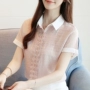 2018 mùa hè mới của Hàn Quốc tính khí là mỏng ren màu rắn ngắn tay áo voan nữ siêu cổ tích ve áo áo sơ mi váy sơ mi lụa