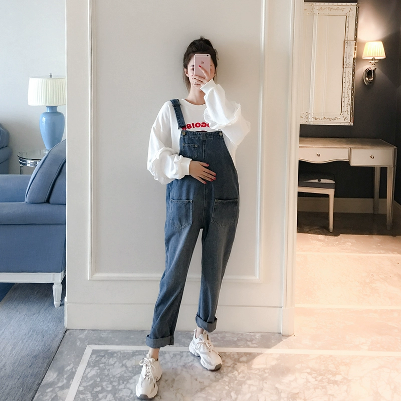 Phụ nữ mang bầu yếm mùa thu 2019 thời trang mới mùa thu áo len hai mảnh áo len denim jumpsuit thủy triều - Áo thai sản