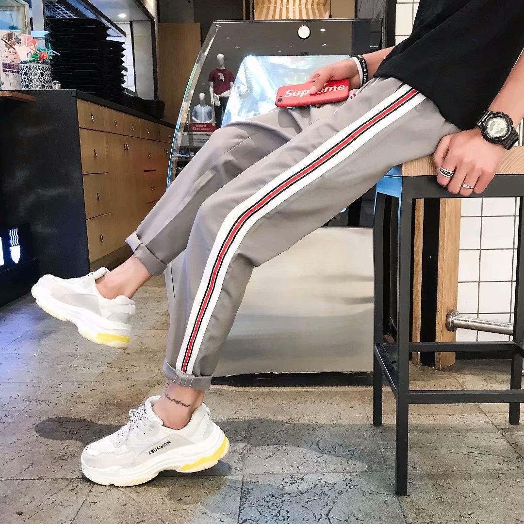 Grey Little Red StripeAmoy Set set cheap men's wear summer Inventory clearing Tightness Casual pants male foreign trade Boutique man Big size Sports pants tide