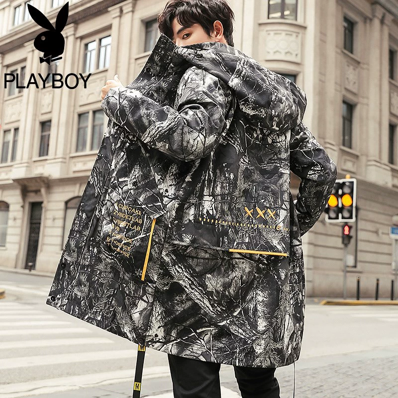 Playboy áo gió giữa dài nam phong cách Hàn Quốc áo khoác trùm đầu áo khoác thương hiệu hợp thời trang đẹp trai ngụy trang áo khoác nam - Áo gió
