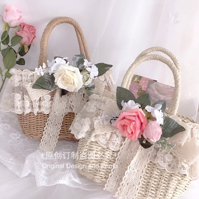 taobao agent Original hand -made straw bag lolita lace simulation flower sandy beach rural soft girl bag girl handbags