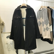 Phiên bản Hàn Quốc của áo khoác lông cừu dày làm áo khoác denim nữ bf gió dài phần mùa đông cộng với áo nhung đen nhung - Bông
