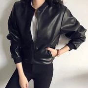 Áo khoác da siêu tây Nữ sinh viên mỏng ngắn Retro đứng cổ áo đen xe máy áo khoác cardigan - Quần áo da