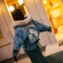 Quần áo denim nữ 2019 mới mùa đông lông cổ áo dày cộng với nhung thêu phiên bản Hàn Quốc của áo khoác ngắn hoang dã hoang dã - Bông áo lông vũ dáng dài uniqlo