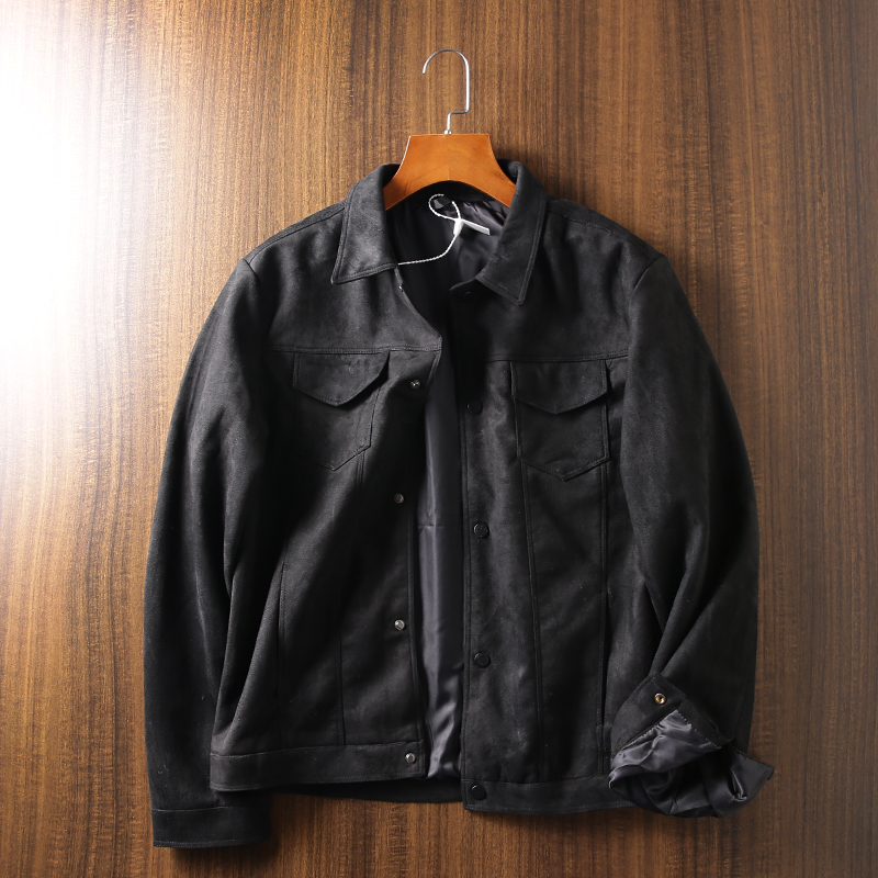 Retro Men's Suede Leather Casual Work Jacket Lapel Collar Single