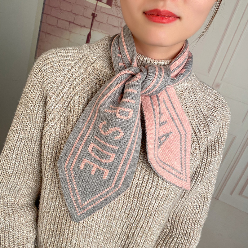 Letters Grey + PinkLate late Same ins the republic of korea Knitting wool Neck cover overlapping fish tail Neckline bow Small scarf female Autumn and winter