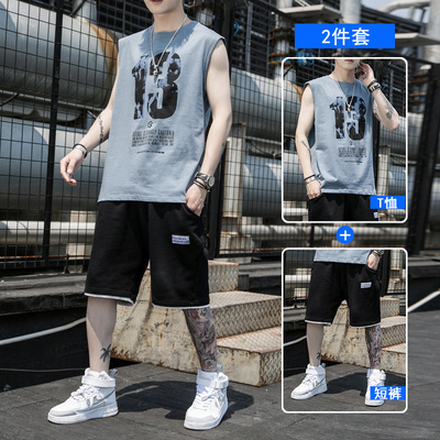 夏季篮球纯棉背心外穿休闲马甲潮流无袖t恤ins潮牌一套运动套装男