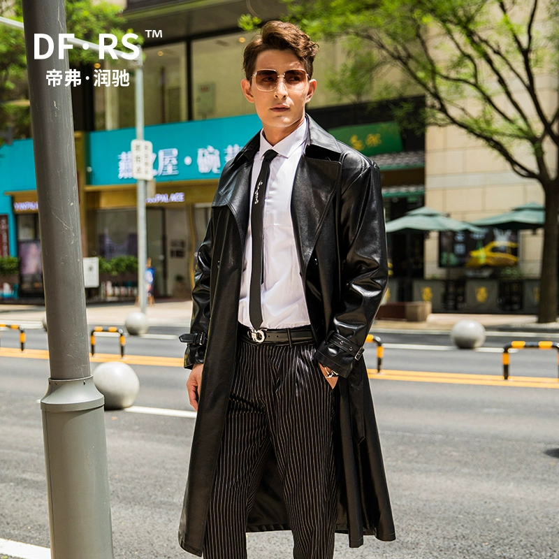 Áo khoác da nam siêu dài 2019 mùa thu mới Hàn Quốc đẹp trai xu hướng đầu máy trẻ trung áo khoác da nam dài - Quần áo lông thú