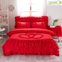 Đám cưới đám cưới bốn mảnh lớn màu đỏ đơn giản giường với giường loại 1,8m giường ren bên giường đơn váy giường bao gồm drap giường có viền