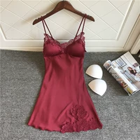 Băng lụa đồ ngủ phụ nữ mùa hè sling sexy nightdress với ngực pad thu thập đồ ngủ đồ ngủ lụa thêu ren cám dỗ váy ngủ mùa đông