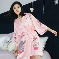 Wei Mi Da Xiu Hoa Mẫu Đơn Thêu Meng Meng Yao với một chiếc áo choàng áo choàng cho thấy bộ đồ ngủ phụ nữ mùa thu lụa lụa áo choàng tắm áo choàng đồ ngủ