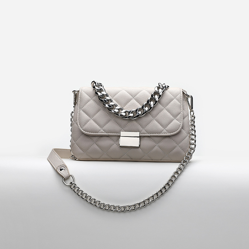 Milky Whitenew pattern fashion Lock bag Versatile Soft skin One shoulder Inclined shoulder bag Issue on behalf of Rhombic grid Small Korean version female moderate beautiful grace