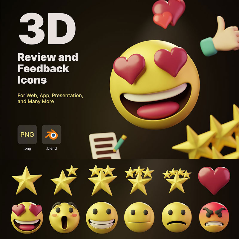 3D立体五星评论转发反馈收藏点赞喜欢图标表情PNG免扣设计素材