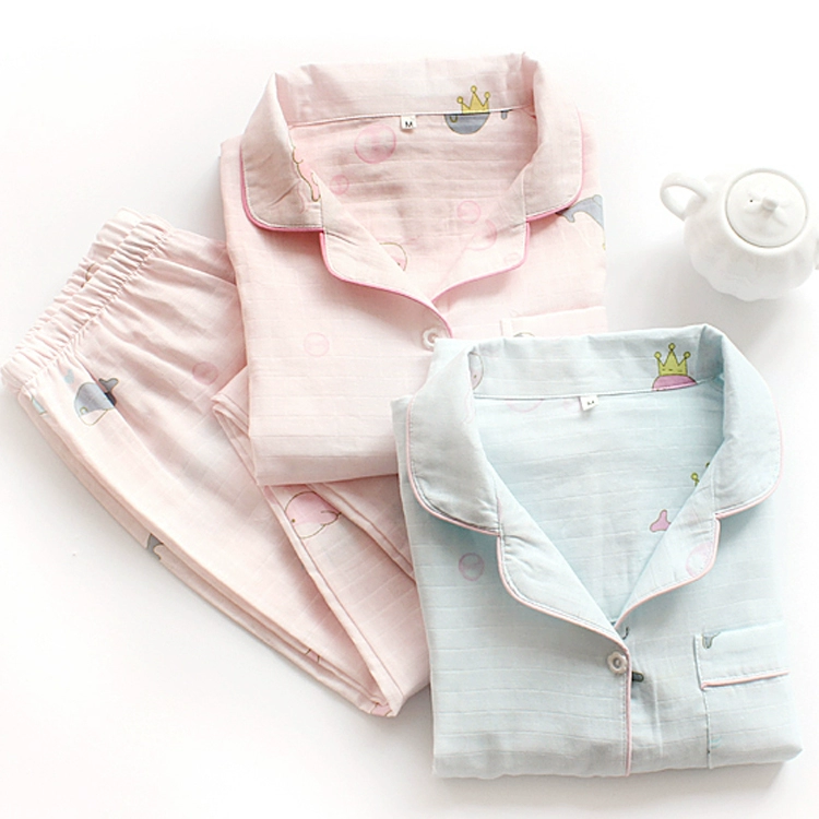 Nhật Bản Meng Meng Da ~ Trang phục mùa xuân và mùa thu của phụ nữ mặc đồ cotton Bộ đồ ngủ in gạc hai lớp mỏng - Bộ Pajama