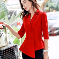 Bộ đồ vest đỏ nữ Hàn Quốc phiên bản 2019 mới tay áo giản dị nhỏ phù hợp với bộ đồ chuyên nghiệp phỏng vấn áo liền quần - Bộ đồ thời trang nữ 2021