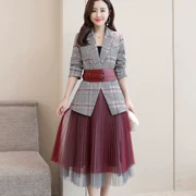Áo khoác nữ hai dây xuân mới 2019 khí chất Hàn Quốc dài tay thắt lưng phù hợp với váy xếp li - Váy eo cao