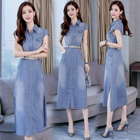 Denim váy 2018 mùa hè mới của phụ nữ Hàn Quốc phiên bản của tươi đơn ngực khe váy dài váy mỏng váy giảm béo đầm maxi voan