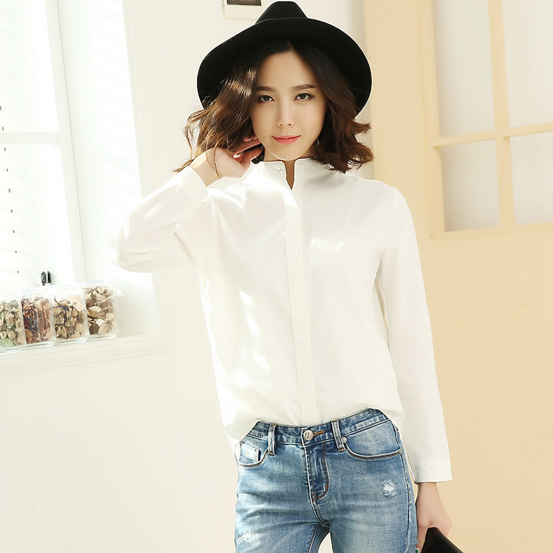 2018春秋纯棉休闲圆领长袖白色衬衣女 韩范大码宽松打底米白衬衫