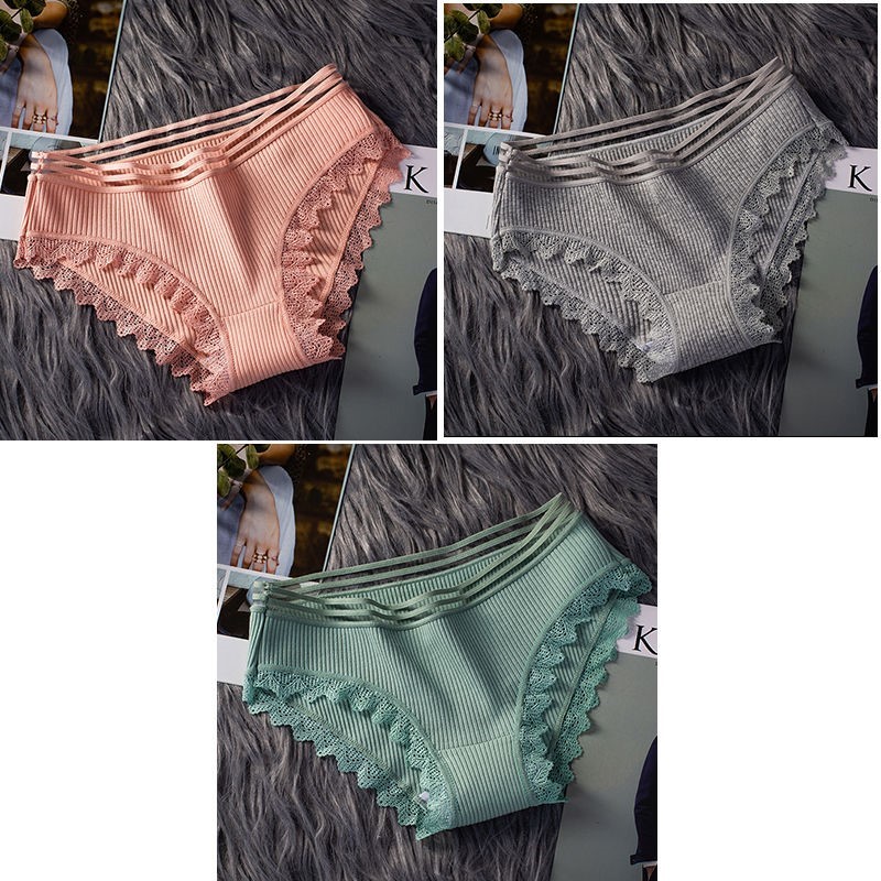 042 Bean Green + Bean Red + Flower Ash2 strip / 3 strip ma'am underpants female pure cotton solar system Korean version Cotton girl student middle-waisted girl student Lace Briefs