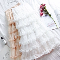 Nhật Bản ngọt ngào công chúa gió tính khí cao eo cao bánh ren váy lưới dài váy váy petticoat - Váy chân váy caro