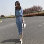 Thương hiệu Hong Kong Tide hè 2019 phiên bản mới của người phụ nữ thắt lưng Hàn Quốc là áo len mỏng tay áo đầm voan - Váy eo cao đầm thắt eo