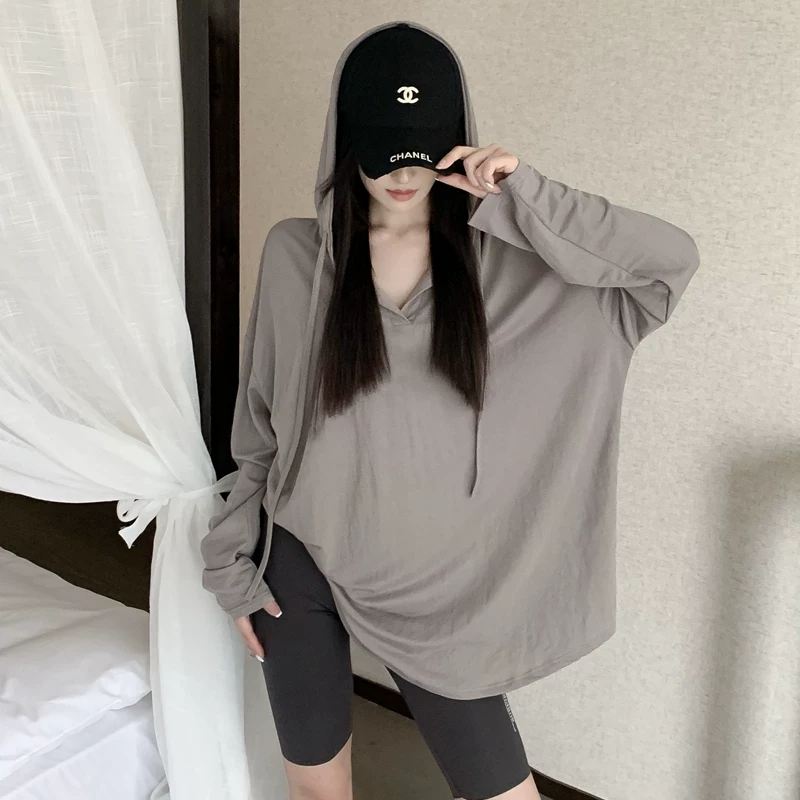 Летняя тонкая футболка с длинным рукавом для беременных с капюшоном, oversize, V-образный вырез, солнцезащита