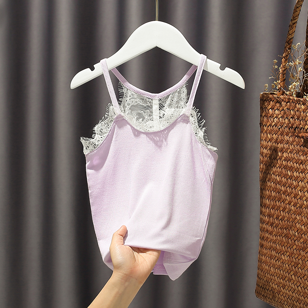 Green Lotus PurpleChildren fashionable camisole Baby girl Ice silk cotton Thin Lace Foreign style Versatile summer fashion jacket summer wear female tide