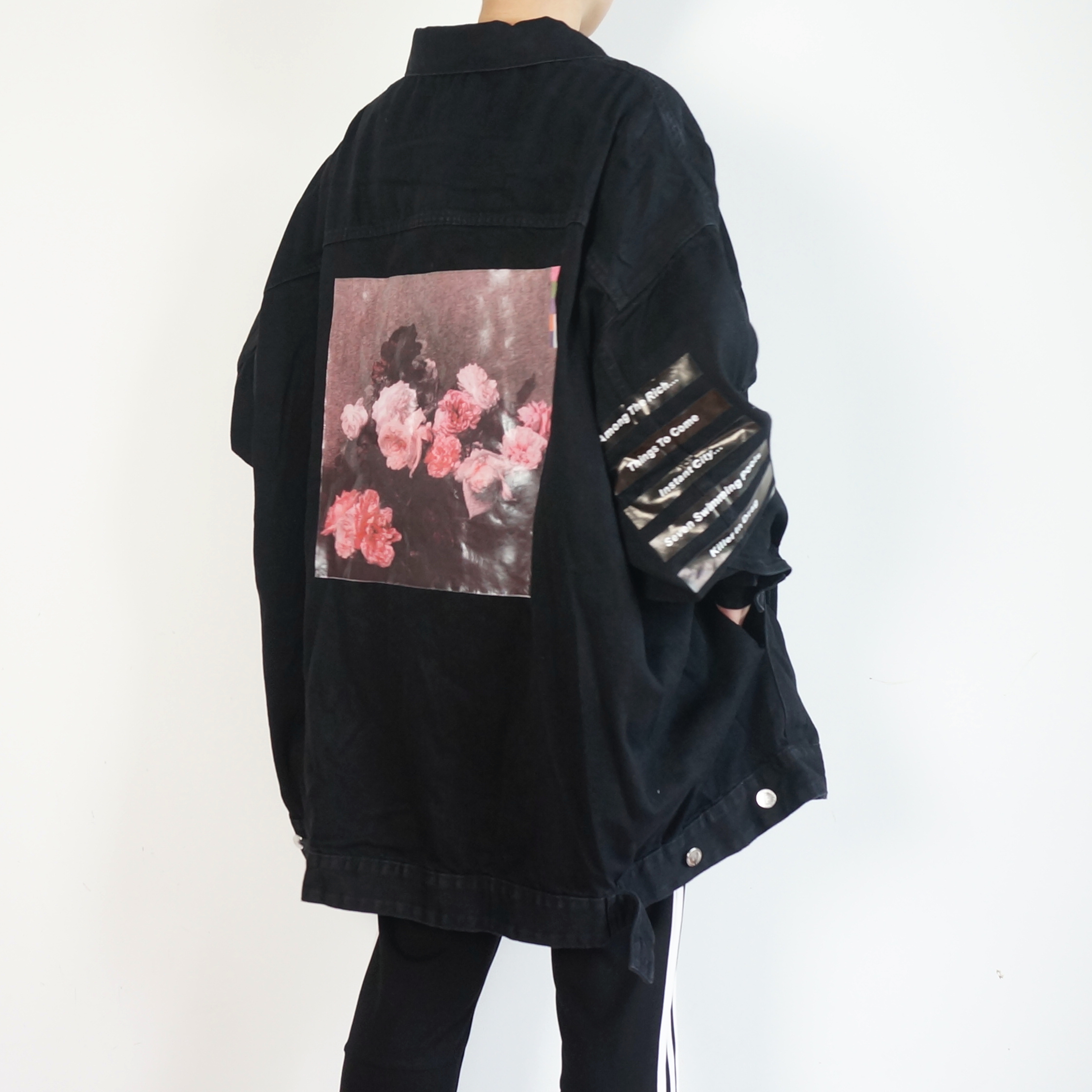 1502#【现货】比伯女友同款玫瑰花卉印花男女外套宽松牛仔超大版