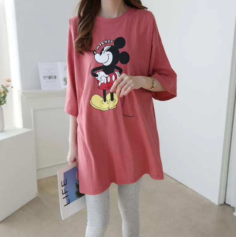 Mùa hè 2020 Hàn Quốc mua quần áo bà bầu mới thời trang Phim hoạt hình chuột Mickey áo thun cho con bú ngắn tay bằng vải bông - Áo thai sản