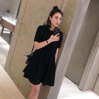 MIUSY 2019 hè mới xu hướng khí chất của phụ nữ là váy mỏng màu đen retro kiểu dáng Hồng Kông - Váy eo cao 	váy thắt eo