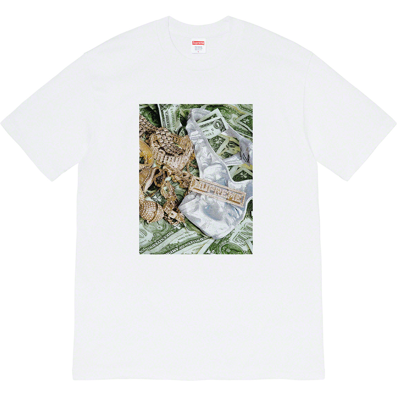 S017 WhiteSupreme20SSBlingTee Opening season dollar Diamonds Short sleeve dollar money men and women Crew neck T-shirt
