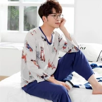 Bộ đồ ngủ bằng lụa cotton mùa xuân và mùa thu thoải mái cho nam dài tay mùa hè dệt bằng vải lụa tơ tằm hai mảnh phù hợp với nhà - Pyjama đồ bộ nam nữ