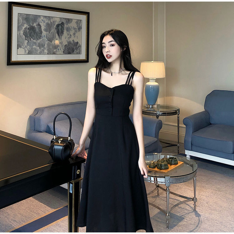 2020夏季新款黑色时尚气质修身显瘦长裙性感吊带裙长款露肩连衣裙