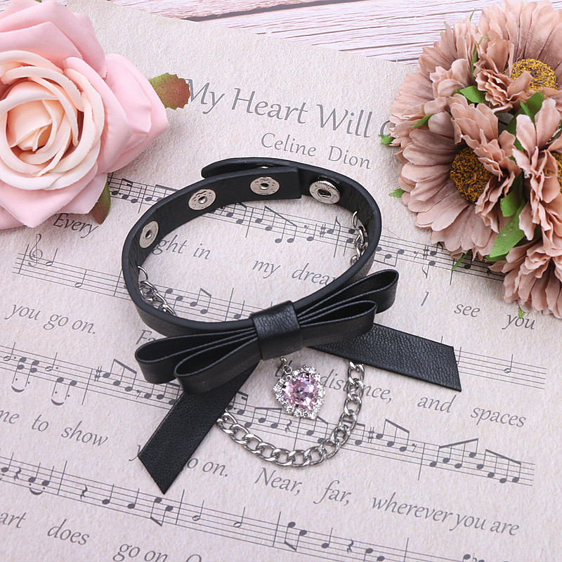 Black + Light Pink RhinestoneZhuzhu family Japan solar system Sweet lovely bow love Pendants PU Bracelet Wrist strap Bracelet Lolita