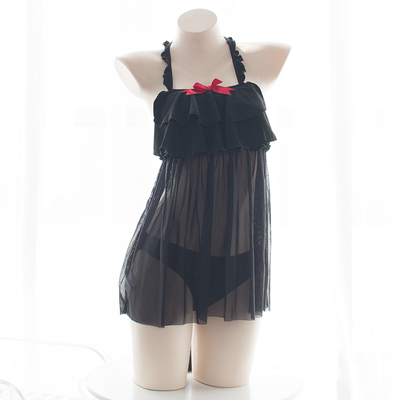 七了个三 猫咪女郎网纱荷叶边翻盖性感黑猫镂空内裤尾巴胖次套装-淘宝网